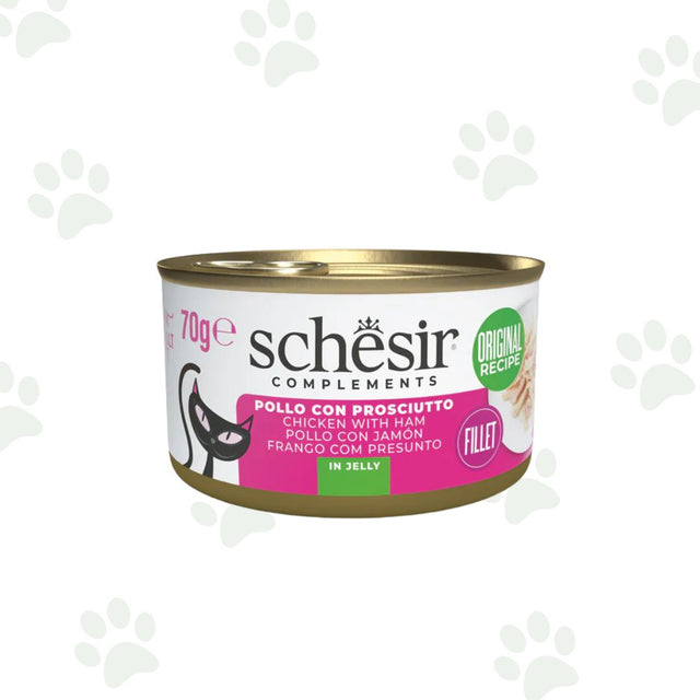 Lattina Schesir di alimento umido per gatti con filetti di pollo e prosciutto in gelatina 70g.
