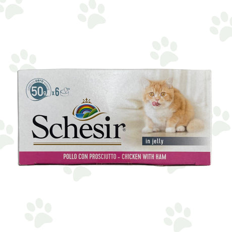 Confezione multipack Schesir 6x50 g pollo con prosciutto in gelatina per gatti.