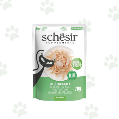 Bustina Schesir dell'alimento umido per gatto con filetti di pollo e spigola in gelatina 70 g.