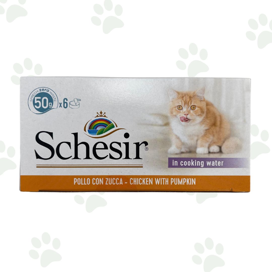 Confezione multipack Schesir 6x50 g filetti di pollo con zucca in acqua di cottura per gatti.