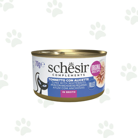 Lattina Schesir dell'alimento umido complementare per gatto con filetti di tonno e alicette in brodo da 70 gr.