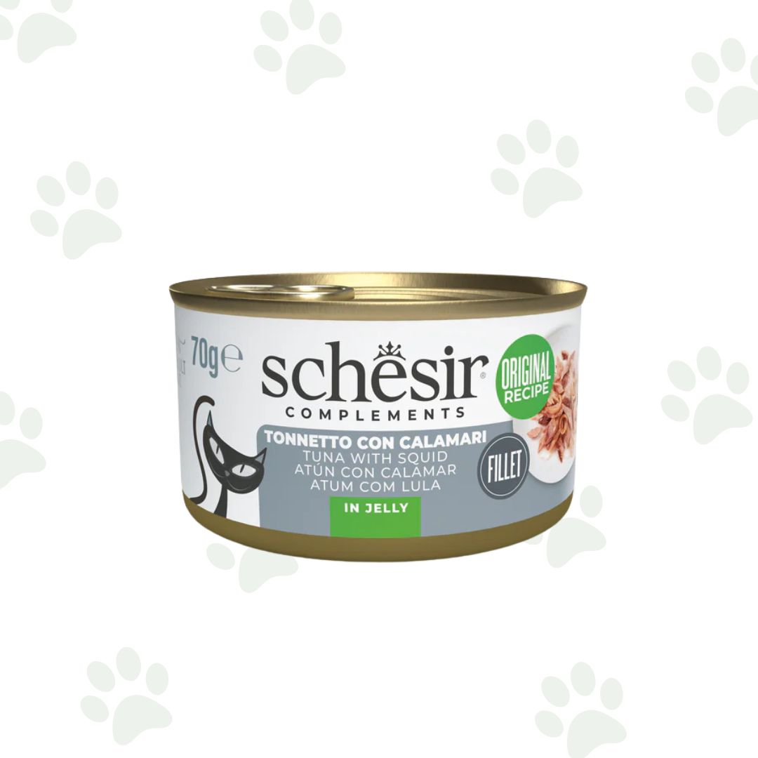 Lattina Schesir di alimento umido per gatti con filetti di tonno e calamari in gelatina 70g.