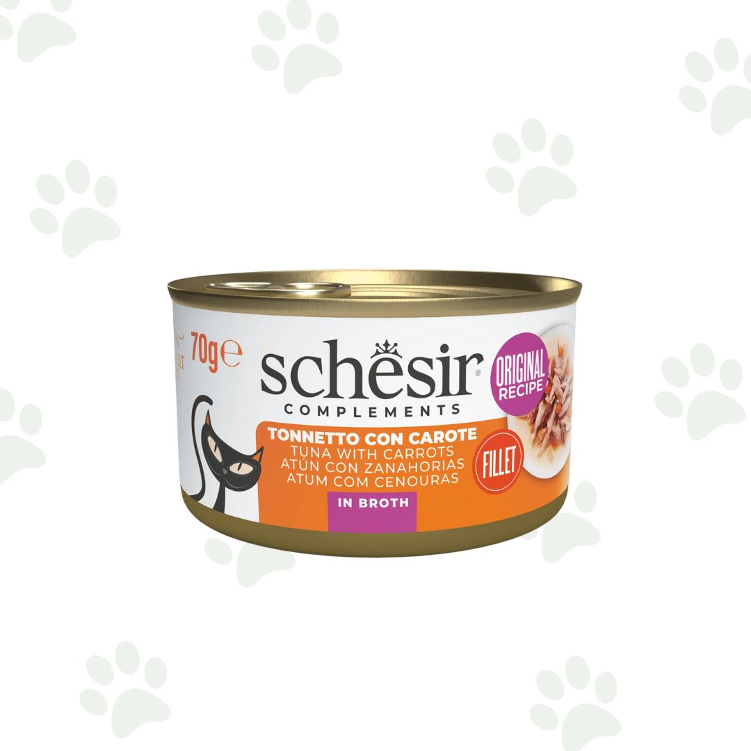 Lattina Schesir dell'alimento umido complementare per gatto con filetti di tonno e carote da 70 gr.