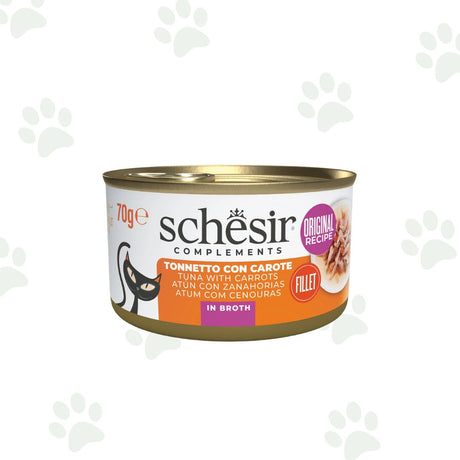 Lattina Schesir dell'alimento umido complementare per gatto con filetti di tonno e carote da 70 gr.