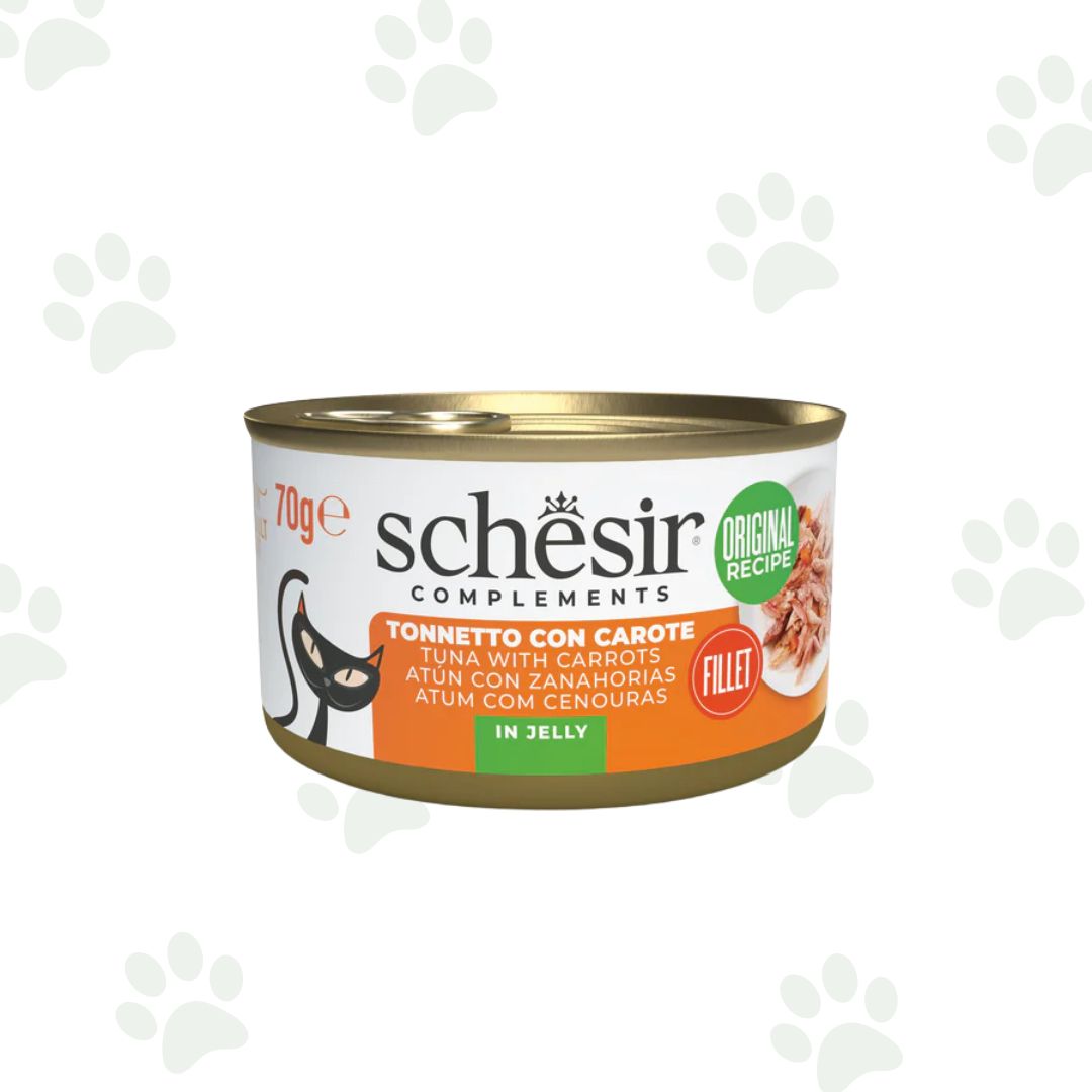 Lattina Schesir di alimento umido per gatti con filetti di tonno e carote in gelatina 70g.