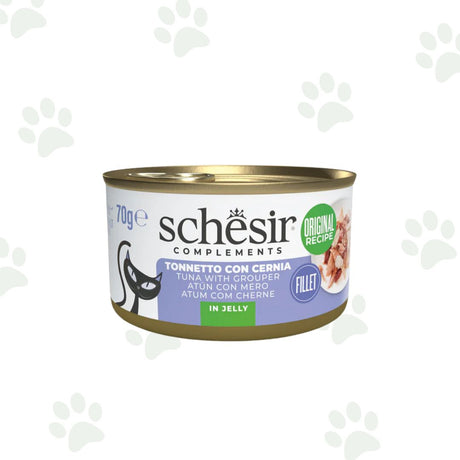 Lattina Schesir di alimento umido per gatti con tonnetto e cernia in gelatina 70g.