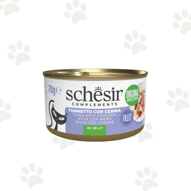 Lattina Schesir di alimento umido per gatti con tonnetto e cernia in gelatina 70g.