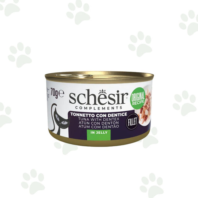 Lattina Schesir di alimento umido per gatti con tonnetto e dentice in gelatina 70g.