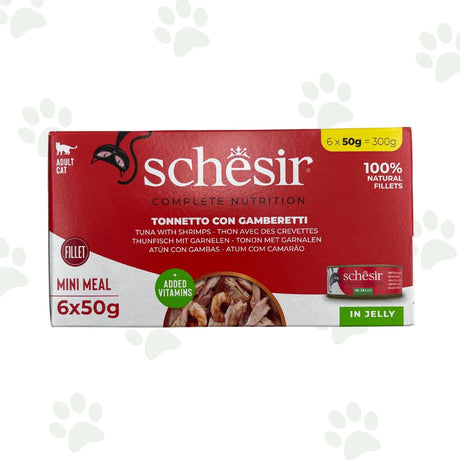 Confezione multipack Schesir 6x50 g tonnetto con gamberetti in gelatina per gatti.