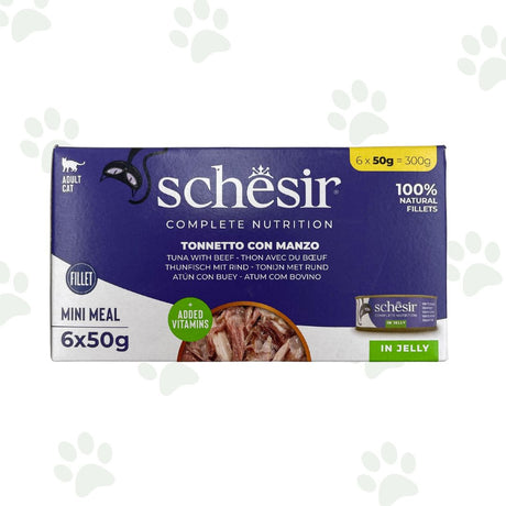 Confezione multipack Schesir 6x50 g tonnetto con manzo in gelatina per gatti.