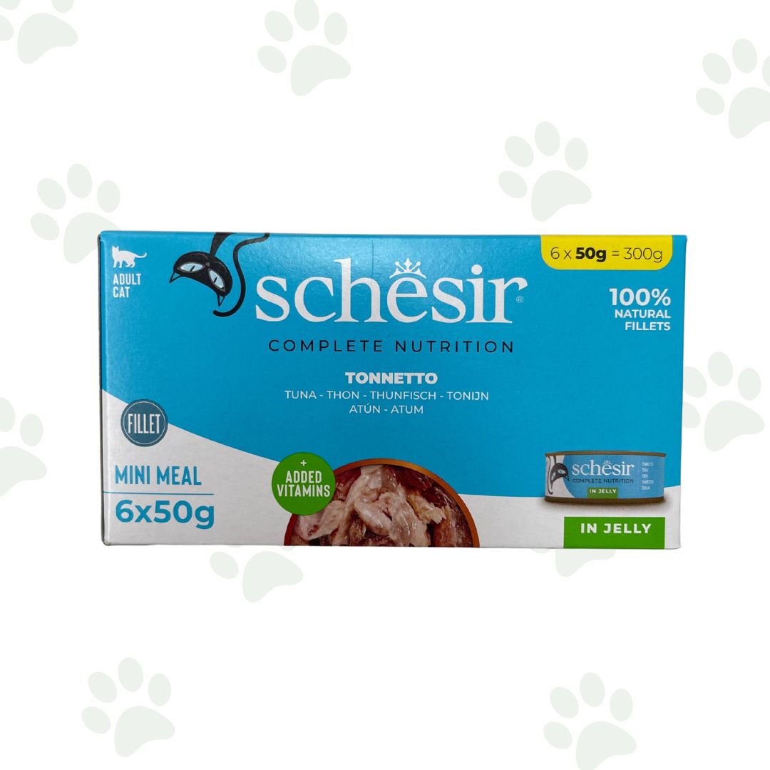 Confezione multipack Schesir 6x50 g tonnetto in gelatina per gatti.