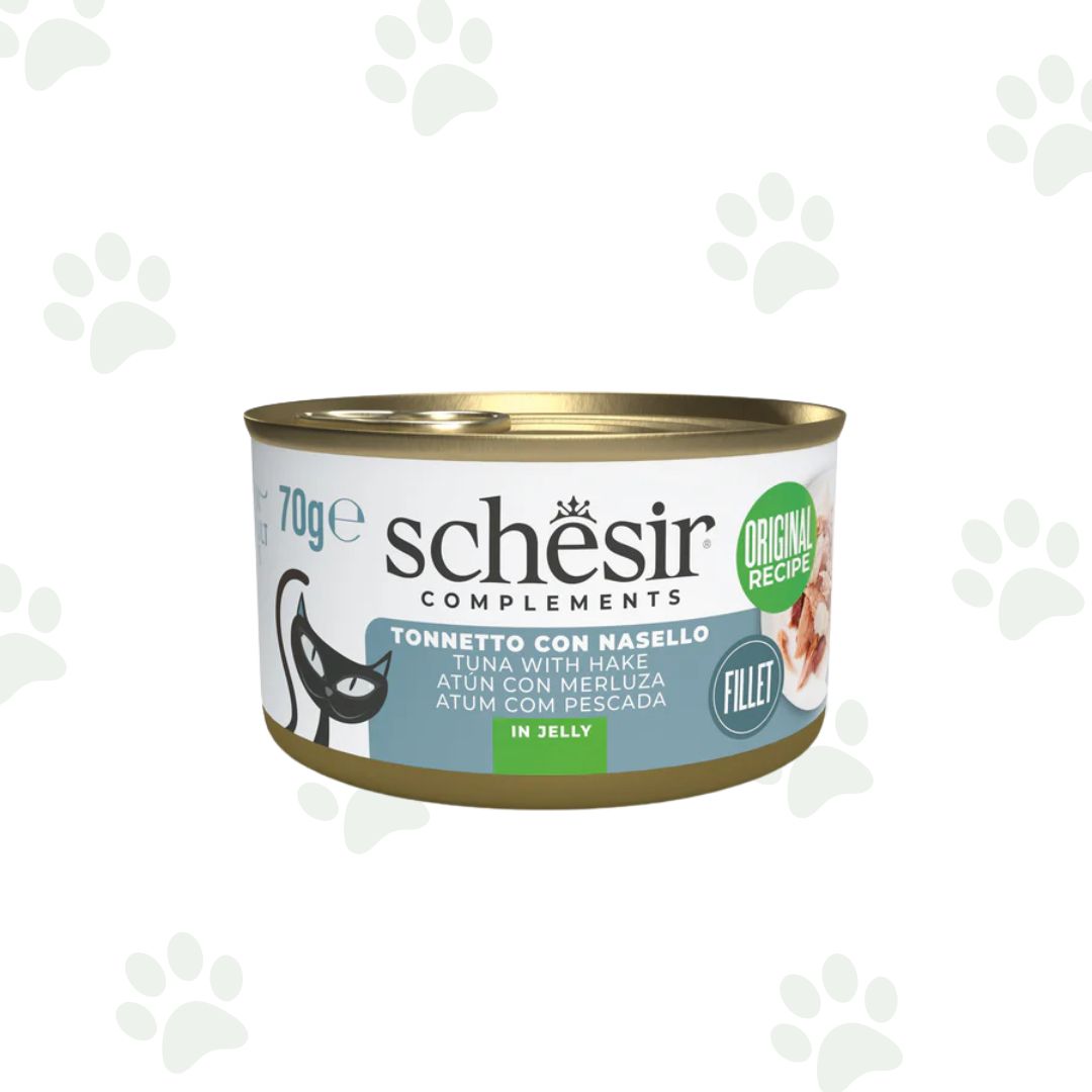 Lattina Schesir di alimento umido per gatti con filetti di tonno e nasello in gelatina 70g.