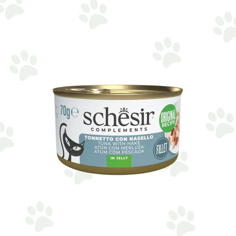 Lattina Schesir di alimento umido per gatti con filetti di tonno e nasello in gelatina 70g.