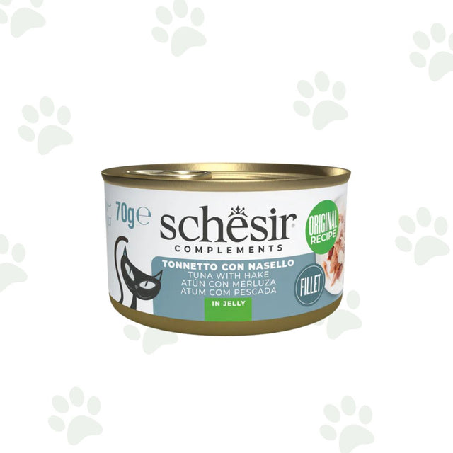 Lattina Schesir di alimento umido per gatti con filetti di tonno e nasello in gelatina 70g.