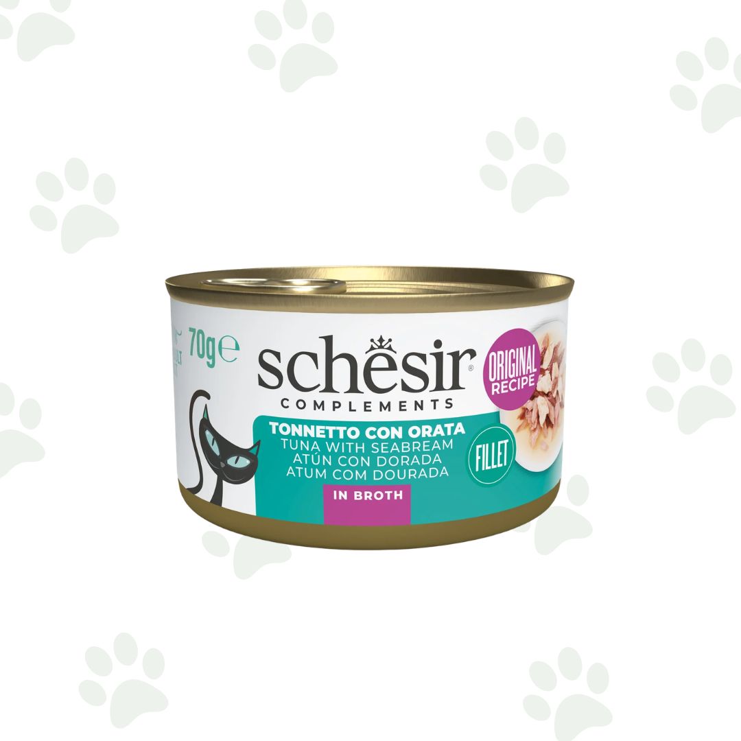 Lattina di tonnetto con orata in brodo 70 gr, alimento umido complementare per gatto Schesir.