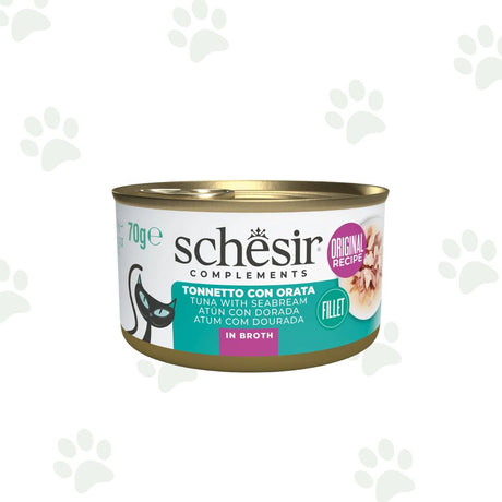 Lattina di tonnetto con orata in brodo 70 gr, alimento umido complementare per gatto Schesir.
