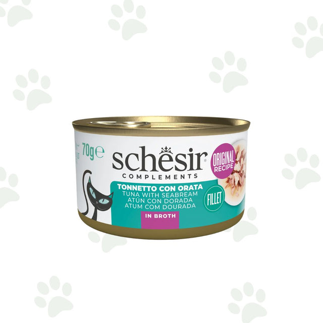 Lattina di tonnetto con orata in brodo 70 gr, alimento umido complementare per gatto Schesir.
