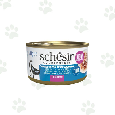 Lattina Schesir dell'alimento umido complementare per gatto con filetti di tonno e pesce azzurro da 70 gr.