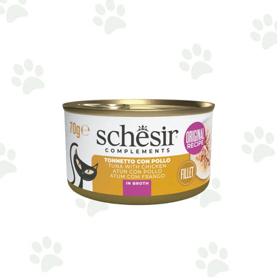 Lattina Schesir dell'alimento umido complementare per gatto con filetti di tonno e pollo da 70 g.
