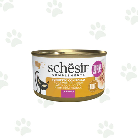 Lattina Schesir dell'alimento umido complementare per gatto con filetti di tonno e pollo da 70 g.
