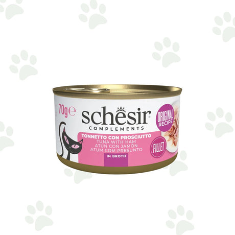 Lattina Schesir dell'alimento umido complementare per gatto con filetti di tonno e prosciutto da 70 gr.
