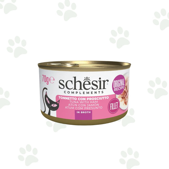 Lattina Schesir dell'alimento umido complementare per gatto con filetti di tonno e prosciutto da 70 gr.
