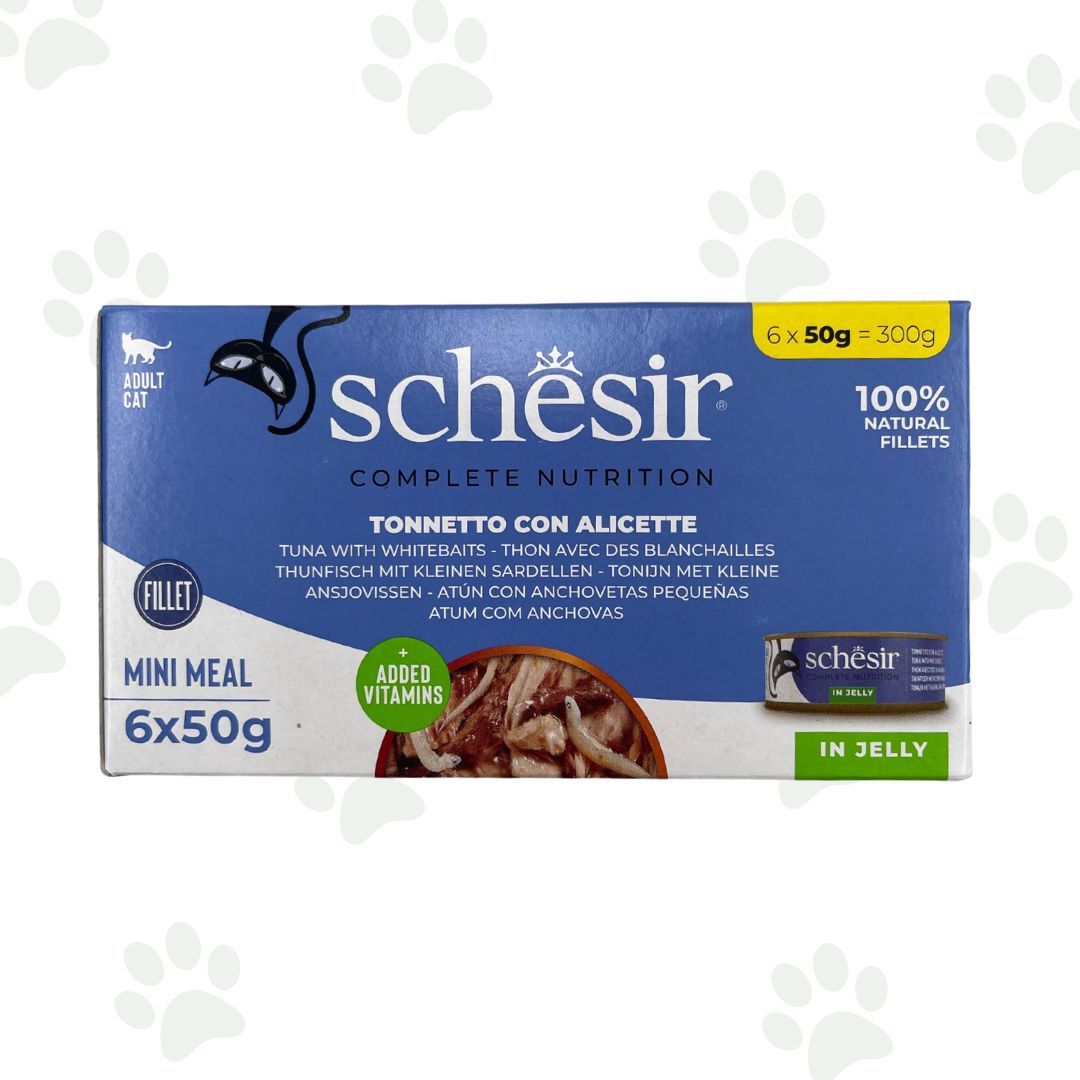 Confezione multipack Schesir 6x50 g tonnetto con alicette in gelatina per gatti.