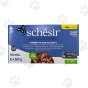 Confezione multipack Schesir 6x50 g tonnetto con alicette in gelatina per gatti.