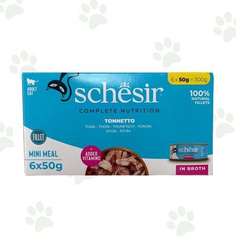 Confezione multipack Schesir 6x50 g tonnetto in acqua di cottura per gatti.