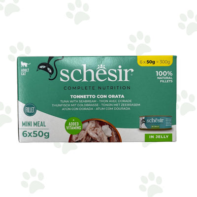 Confezione multipack Schesir 6x50 g tonnetto con orata in gelatina per gatti.