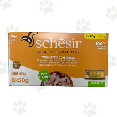 Confezione multipack Schesir 6x50 g tonnetto con pollo in gelatina per gatti.