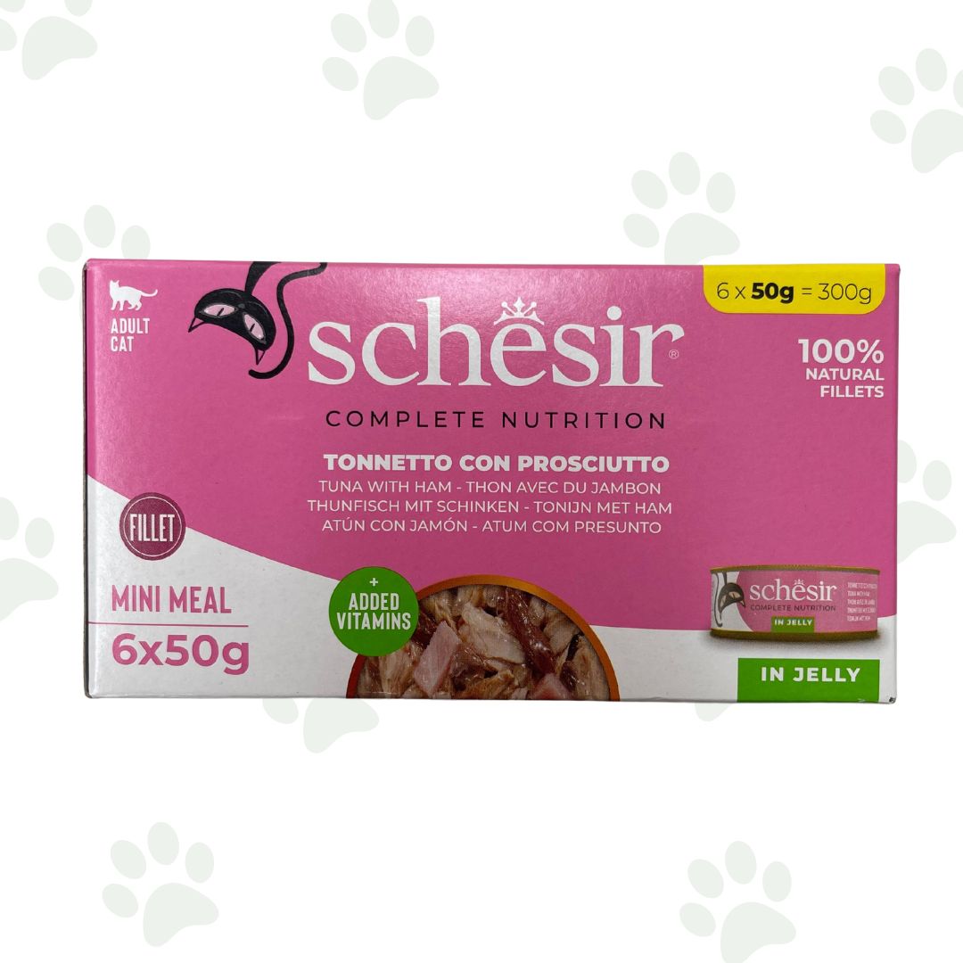 Confezione multipack Schesir 6x50 g tonnetto con prosciutto in gelatina per gatti.
