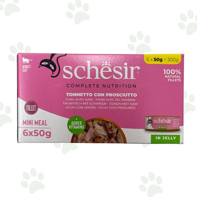 Confezione multipack Schesir 6x50 g tonnetto con prosciutto in gelatina per gatti.