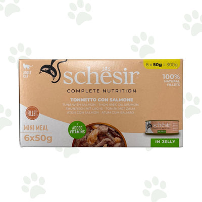 Confezione multipack Schesir 6x50 g tonnetto con salmone in gelatina per gatti.