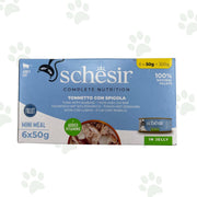 Confezione multipack Schesir 6x50 g tonnetto con spigola in gelatina per gatti.