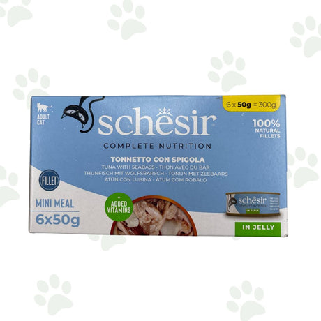 Confezione multipack Schesir 6x50 g tonnetto con spigola in gelatina per gatti.