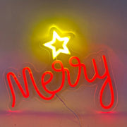 Decorazione luminosa natalizia con scritta rossa Merry e stella gialla in stile neon LED.