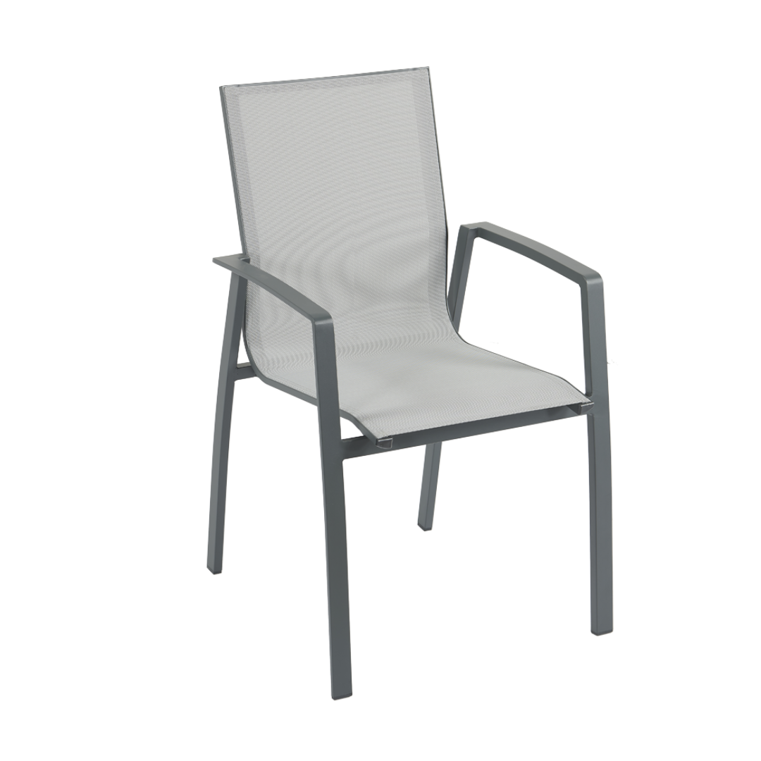 Sedia da giardino in alluminio antracite con seduta e schienale in textilene grigio.