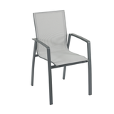 Sedia da giardino in alluminio antracite con seduta e schienale in textilene grigio.