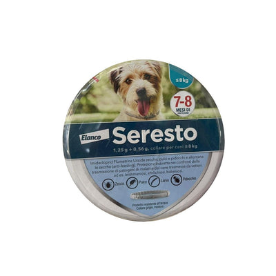 Confezione del collare antiparassitario Seresto per cani fino a 8 kg.