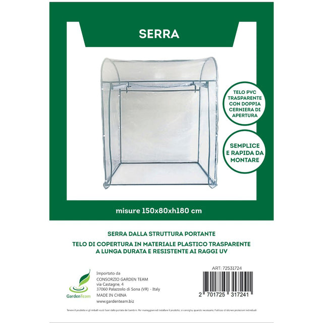 Serra 150x80x180 cm con doppia cerniera, telo trasparente anti-UV e montaggio semplice.