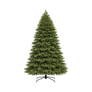 Albero di Natale verde dalla forma conica e dall’aspetto folto e naturale, con chioma fitta e base con supporto in metallo