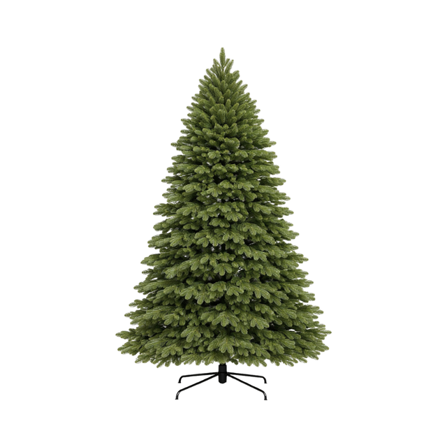 Albero di Natale verde dalla forma conica e dall’aspetto folto e naturale, con chioma fitta e base con supporto in metallo