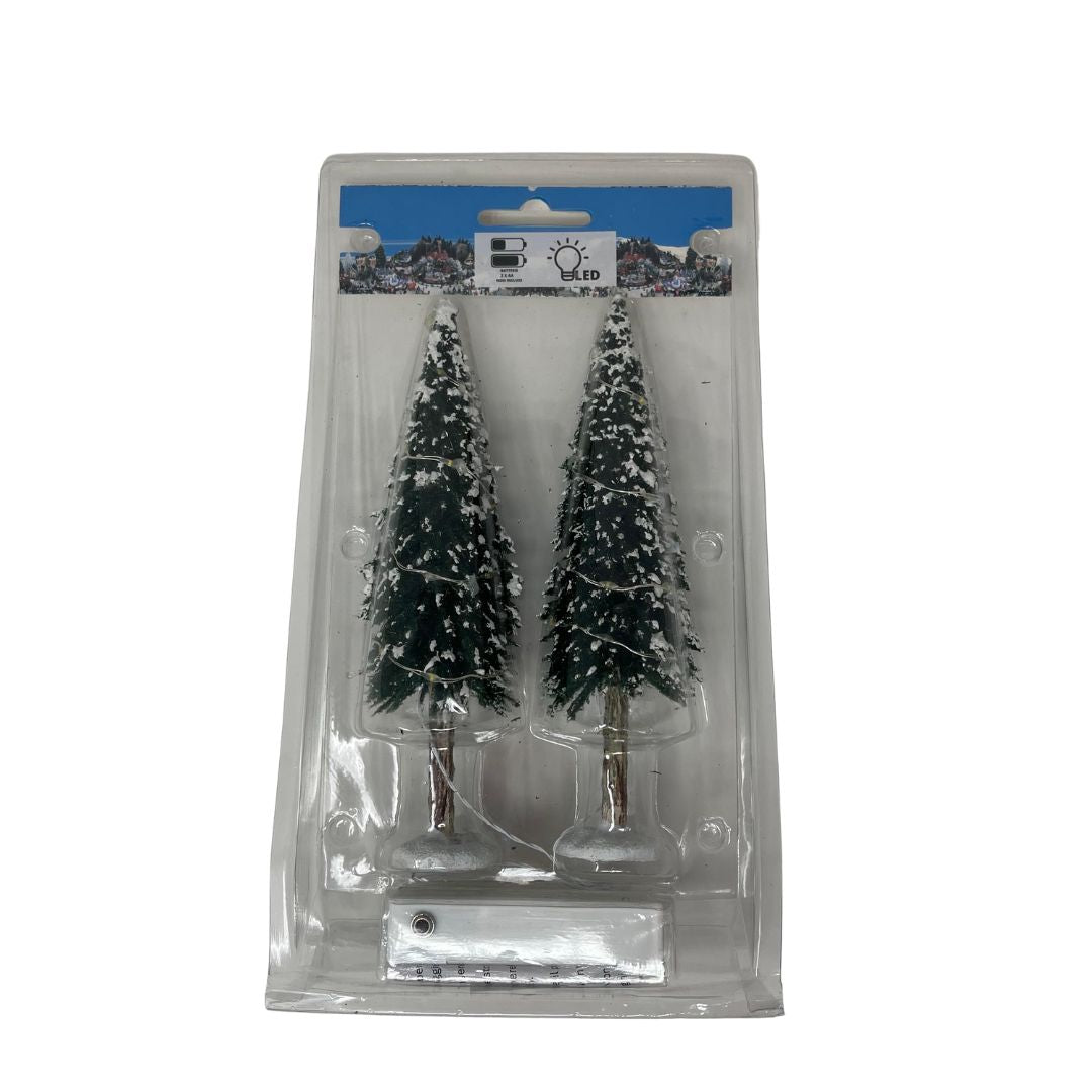 Set di due alberi innevati in miniatura con luci LED integrate, confezionati in blister trasparente.