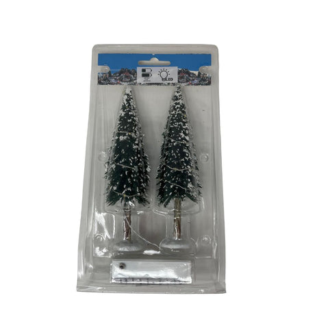 Set di due alberi innevati in miniatura con luci LED integrate, confezionati in blister trasparente.