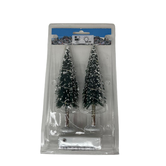 Set di due alberi innevati in miniatura con luci LED integrate, confezionati in blister trasparente.