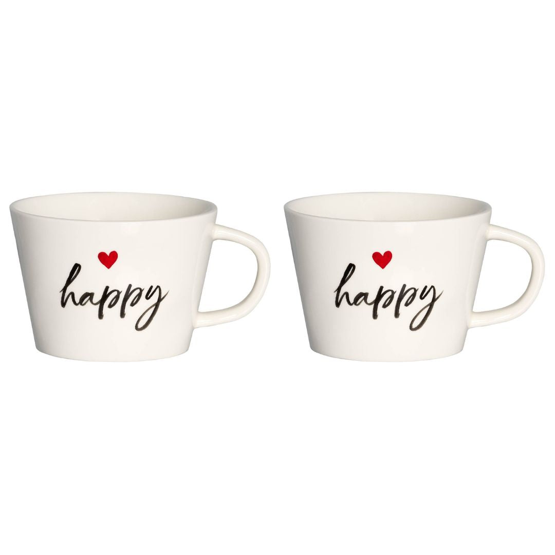 Set di due tazze in grès bianco con scritta nera "happy" e cuoricino rosso.