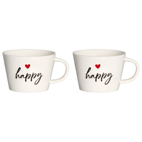 Set di due tazze in grès bianco con scritta nera "happy" e cuoricino rosso.