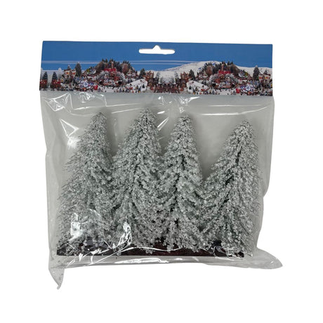 Set di quattro alberi innevati in miniatura confezionati in plastica trasparente, decorazioni per villaggi natalizi.