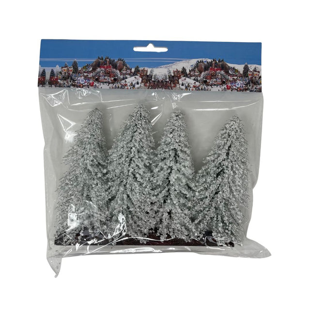 Set di quattro alberi innevati in miniatura confezionati in plastica trasparente, decorazioni per villaggi natalizi.